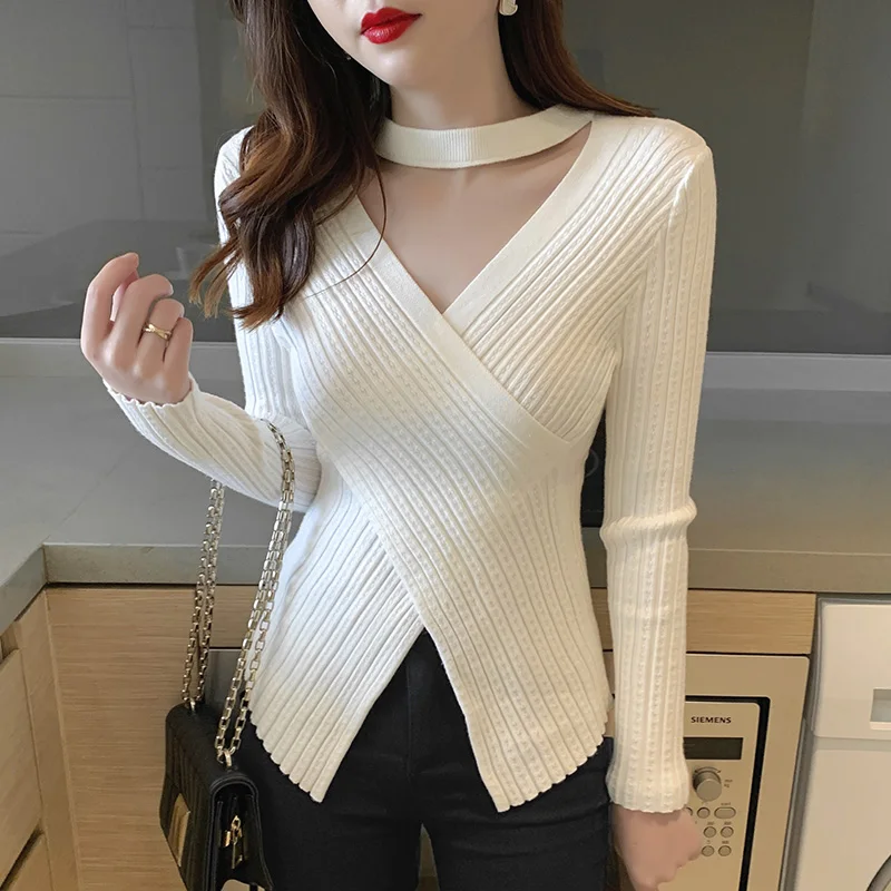 Fashion Autumn Cut Out Sexy Women Knitted Tops 2024 Elegant Long Sleeve Sweater Winter Slim Solid Casual Clothing