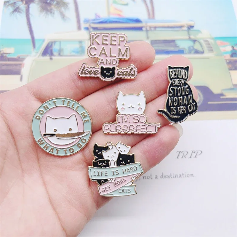 Cartoon cute animal Cat brooch Geometric letters Fun Quote Kitten Alloy Badge Jewelry accessories