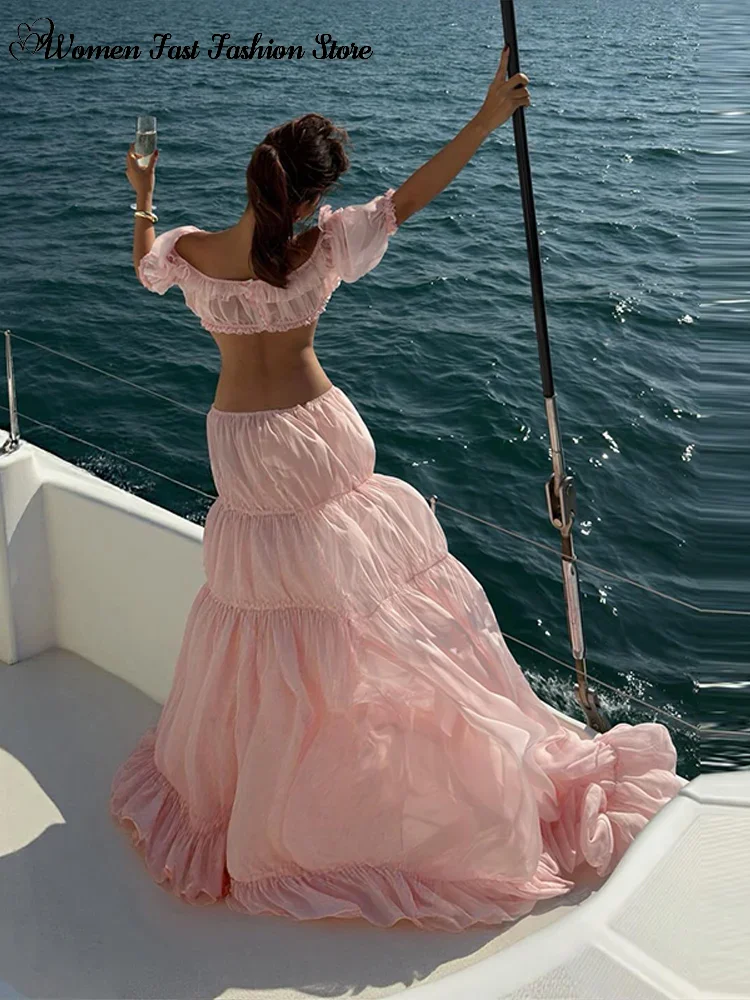 Beach Ruffles Cropped Top Skirts Set 2026 Summer New Lady Sexy Short Puff Sleeve Tops Pleated Maxi Skirt Women's Holiday Outfits