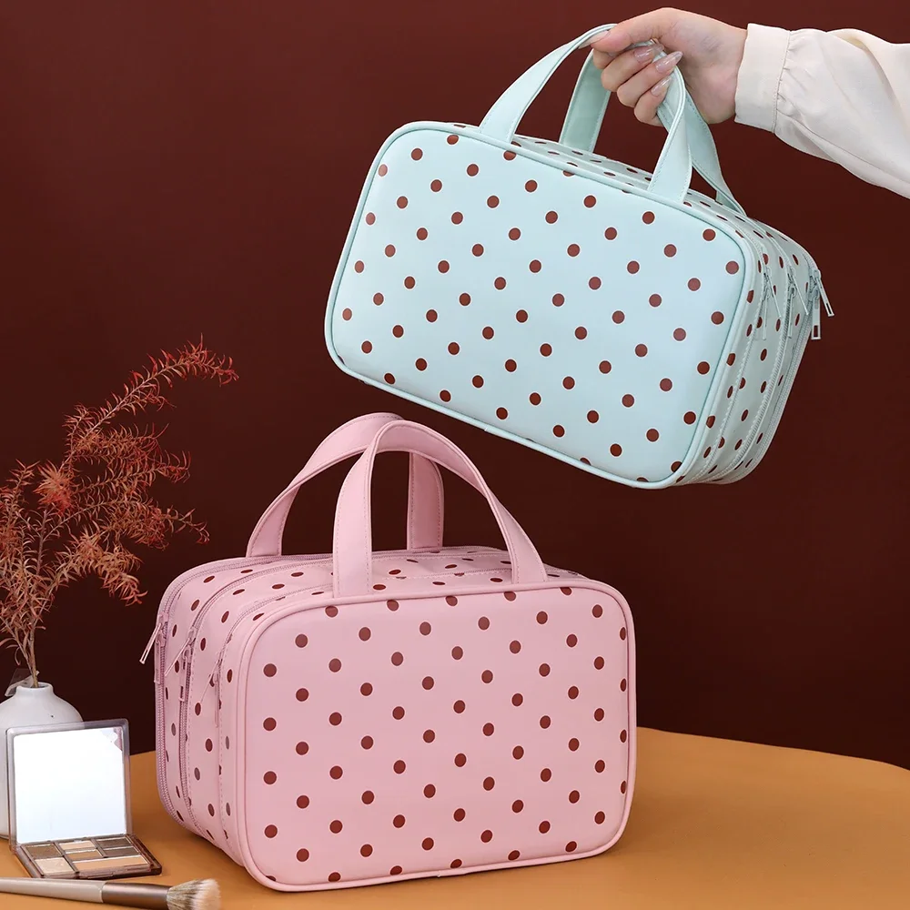 Gepunktete Kosmetiktasche mit großer Kapazität, wasserdichter PU-Reise-Toilettentaschen-Organizer, dreilagige Trennwand, Reise-Aufbewahrungstasche – Detail 9