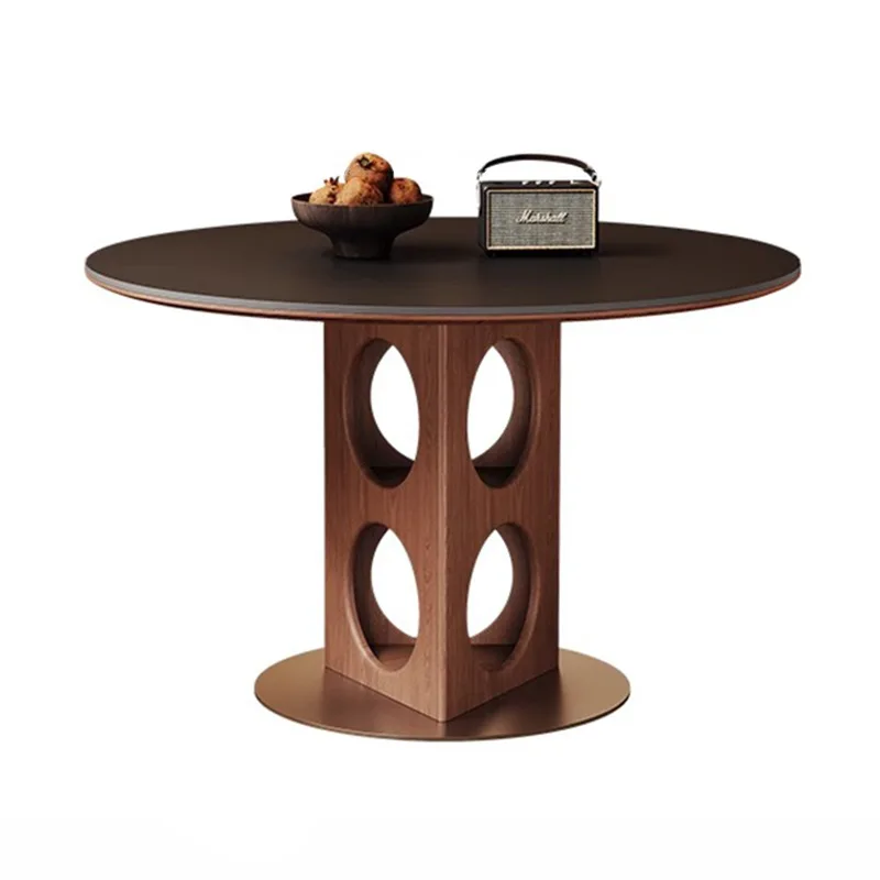 

Premium solid wood rock slab round table new household small apartment 1.2 meters medium antique black rock slab dining table