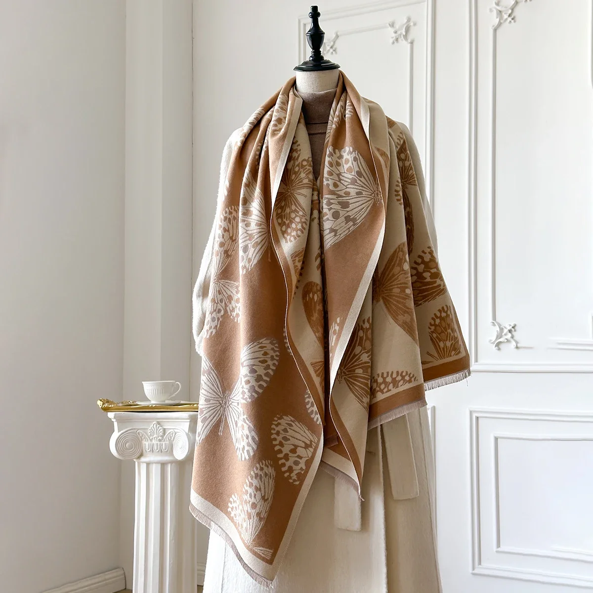 여성용 럭셔리 겨울 캐시미어 파시미나 스카프 나비 프린트 두꺼운 따뜻한 숄 포근한 풀라드 블랭킷 랩