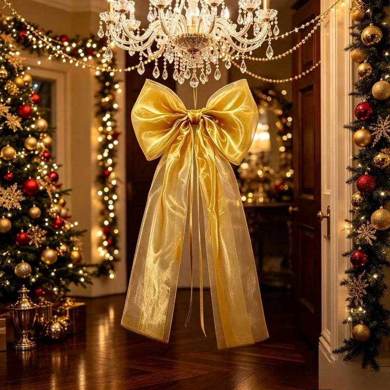 Christmas Tree Topper Bow 150cm 190cm - Handmade Multi-Layer Organza Bows & Ribbons, Gold Yellow Luxury Treetop Star D