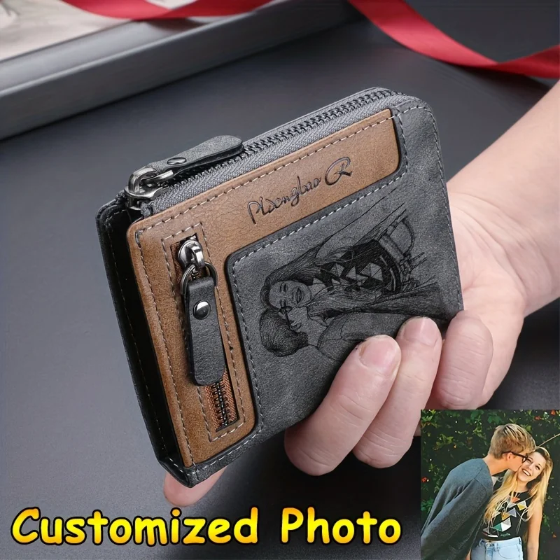 Customized Photo Men Retro Short Wallet Engraved Picture Zipper PU Leather Coin Purse High Quality Credit Card Holder Ideal Gift