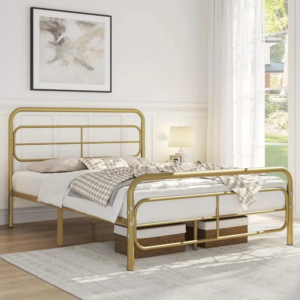 

Twin/Full/Queen Metal Platform Bed Frame Mattress Foundation w/ Geometric Patterned Headboard,Sturdy Slat Support,Antique Gold