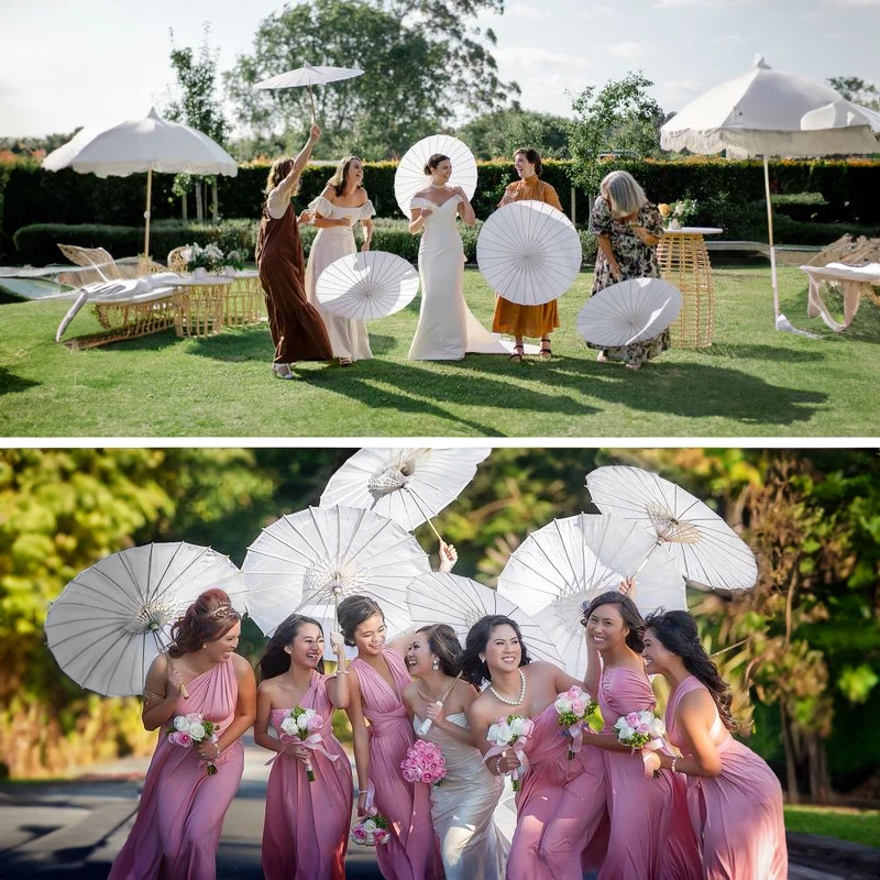 White Wedding Paper Umbrellas Wooden Handle DIY Chinese Paper Umbrella Oil Paper Umbrella Parasol  Wedding Photography Props
