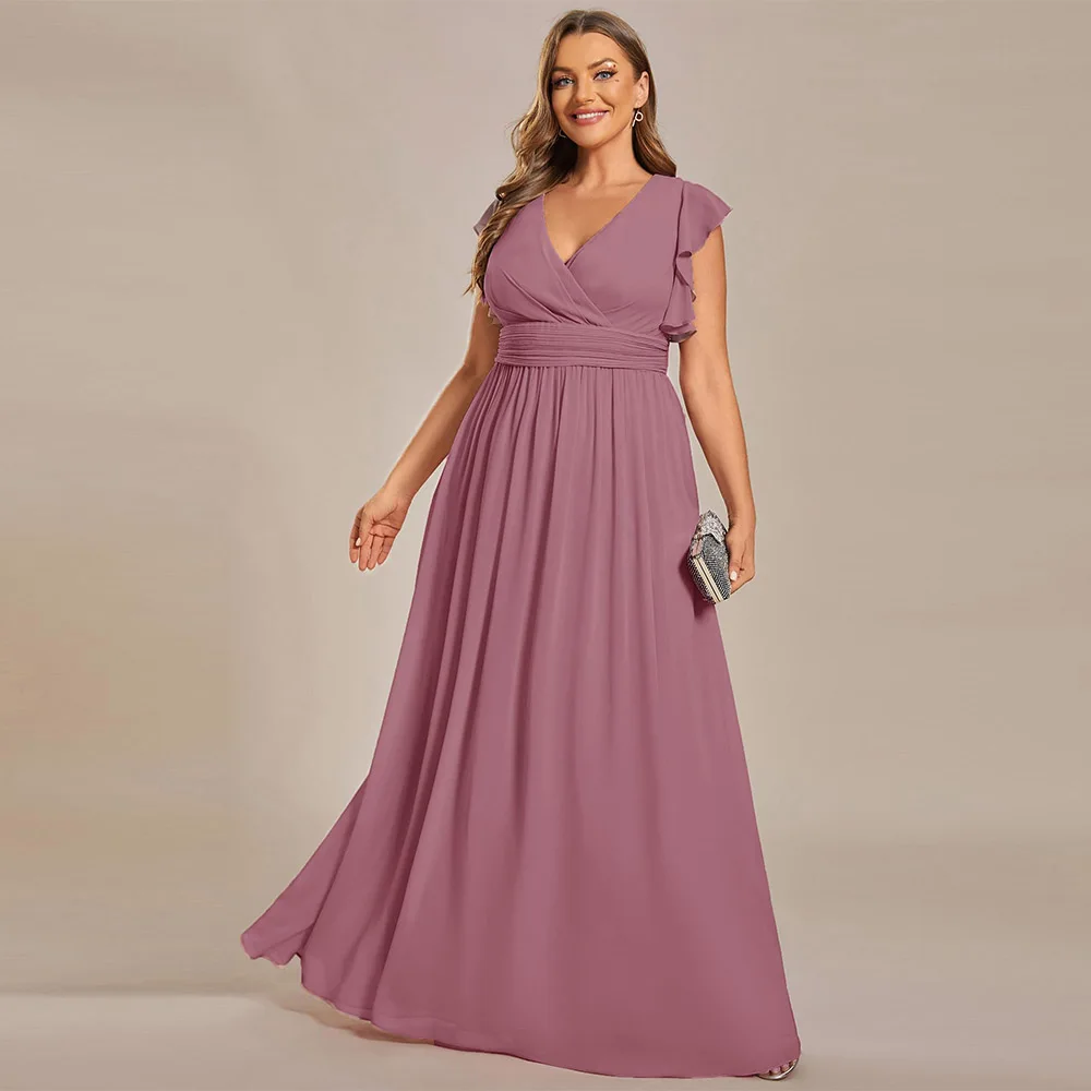 

Customized Exquisite Mother of The Bride Dresses Women's Summer Chiffon Ruffles Sleeve Pleated Back Cutout Dresses Formal Gowns