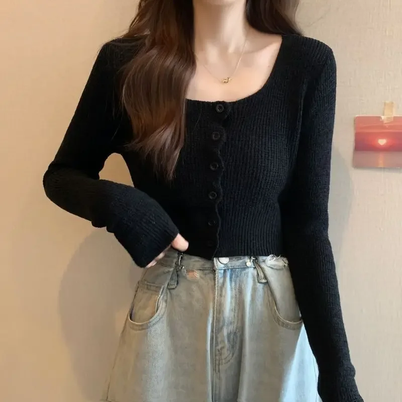 Xiaoxiangfeng Square Neck Sweater Knitted Sweater Women's Autumn New French Temperament Celebrity Slim Versatile Short Top Tide