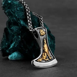 Vintage Viking Double Sided Axe Wolf and Crow Men Necklace Fashion Hip Hop Biker Pendant Stainless Steel Jewelry Gift Wholesale