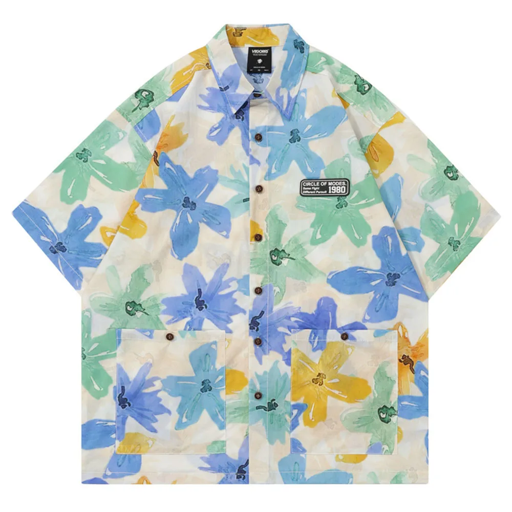 Flower Printed Hawaiian Shirt Men Women Summer Button Up Casual Shirts for Man 2 Colors