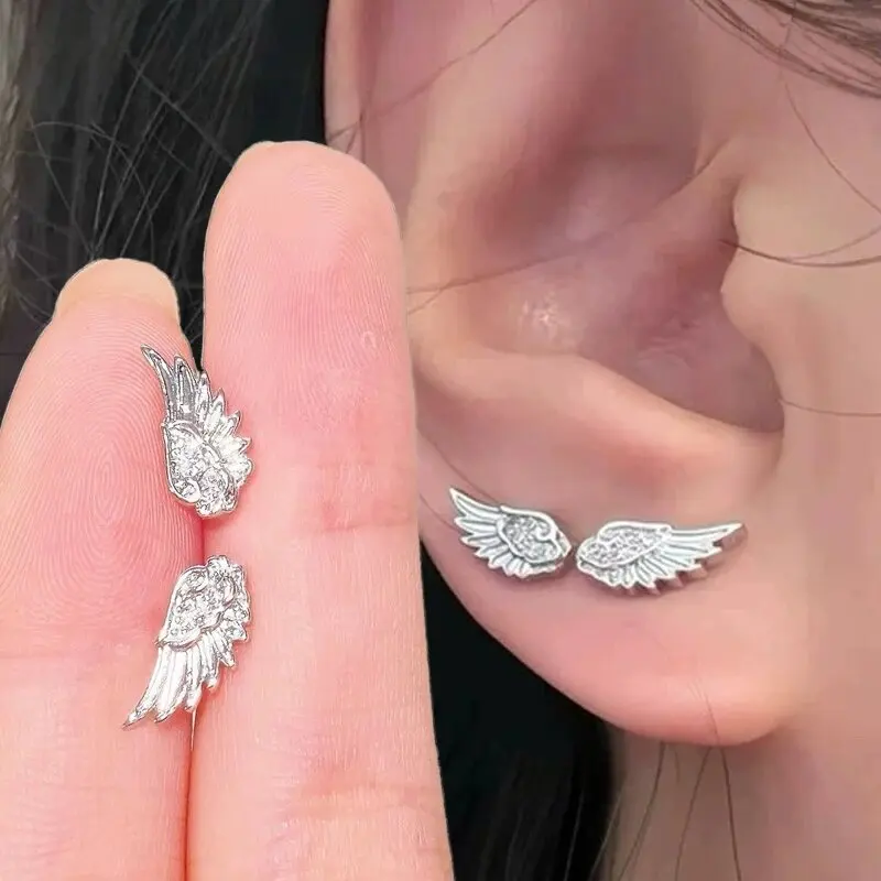 Fashion Silver Color Zircon Wing Stud Earrings for Women Luxury Shiny Crystal Geometric Personality Ear Bone Nail Jewelry Gifts