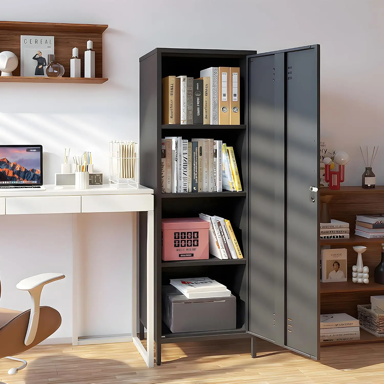 Metal Storage Cabinet Kitchen Pantry Cabinet for Bathroom Locking Storage Cabinet with Door and Removable Shelves (Black)