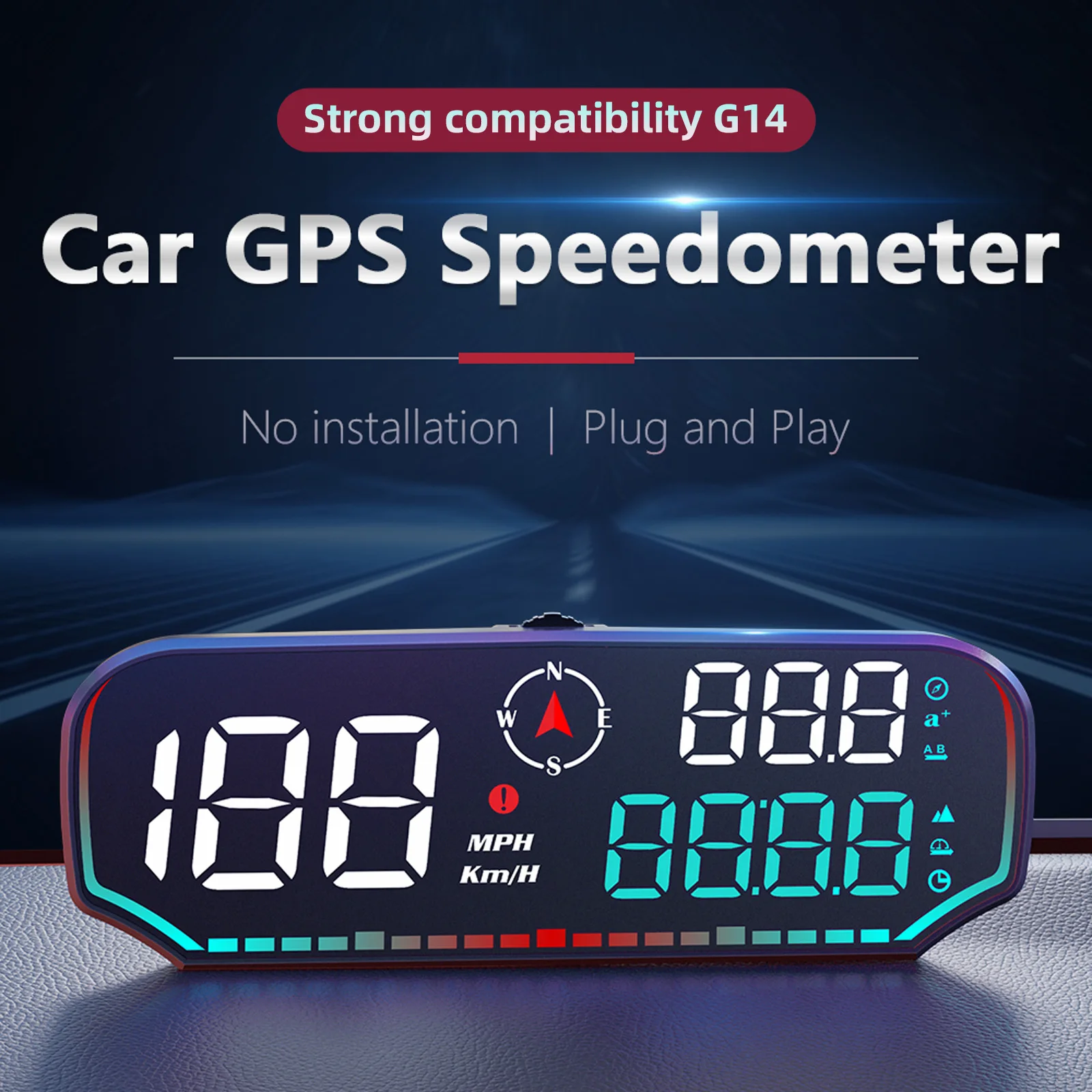 Car HUD G14 GPS Head Up Display Compass Digital Clock Date Altitude KM/H MPH Meter Alarm Gauge On Board Computer Speedometer