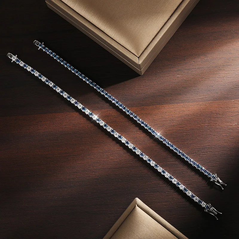 Blue Moissanite Tennis Bracelet for Women Men,3MM 4MM Sizes,Certificate Included,925 Sterling Silver Base Plated 18K,Lab‑Created Diamond‑Style Fine Wrist Bracelet,Party Occasion,Anniversary Holiday Gift Accessories