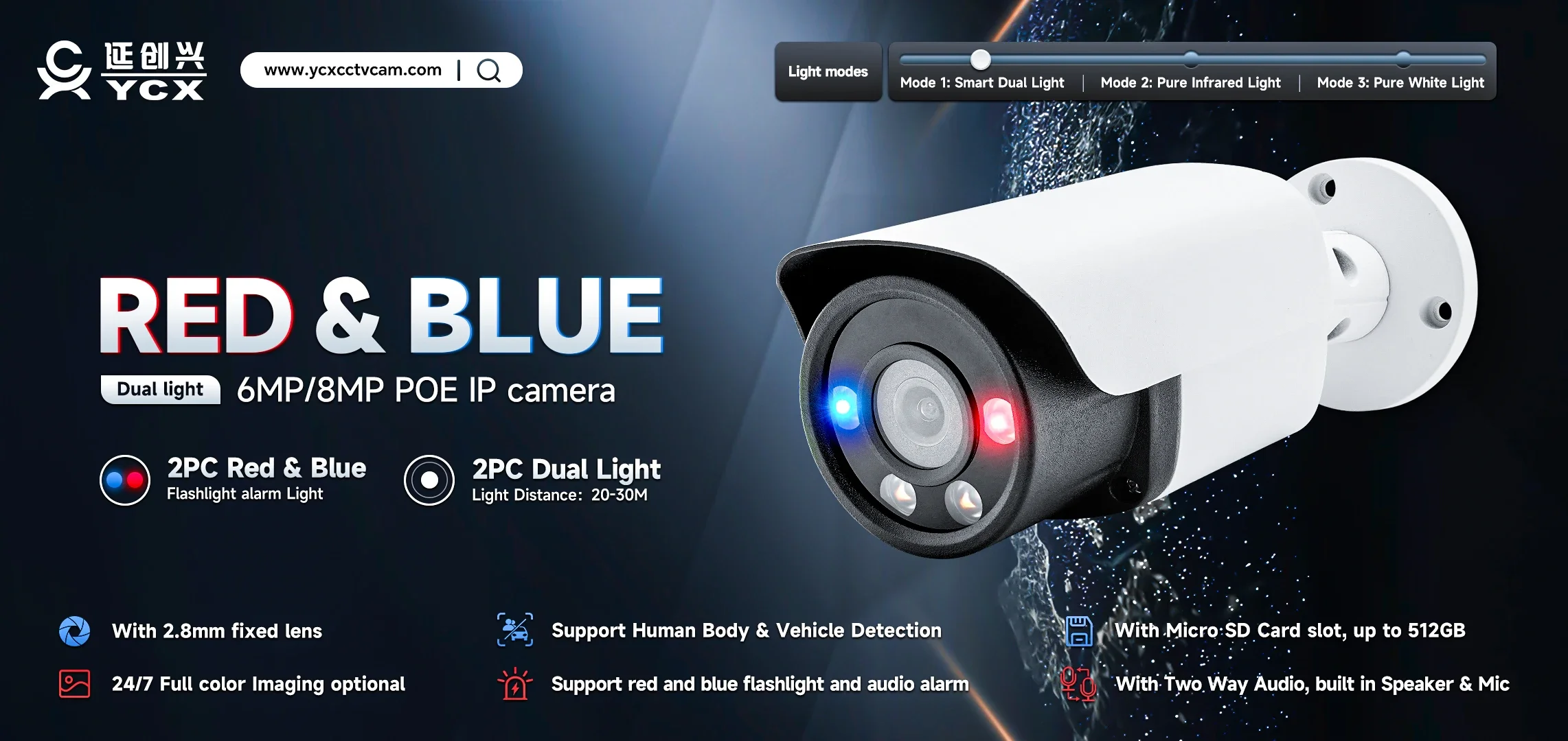 2026 6MP VCA AI Face Detection  Color PoE Bullet Colorful IP Camera IP67 SD Slot  Red&Blue Dual Light Two Way Audio