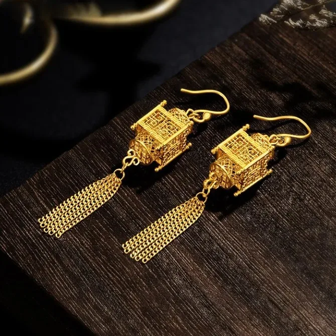 New Chinese Retro Earrings National Tide Scroll Palace Lantern Tassel Earrings Fashion Exquisite High‑grade Sense