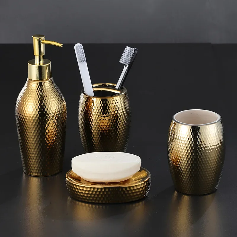 Bathroom Supplies, Golden Honeycomb Ceramic Soap Dispenser, Toothbrush Holder, Shampoo Bottle, Soap Box, Bathroom Accessories