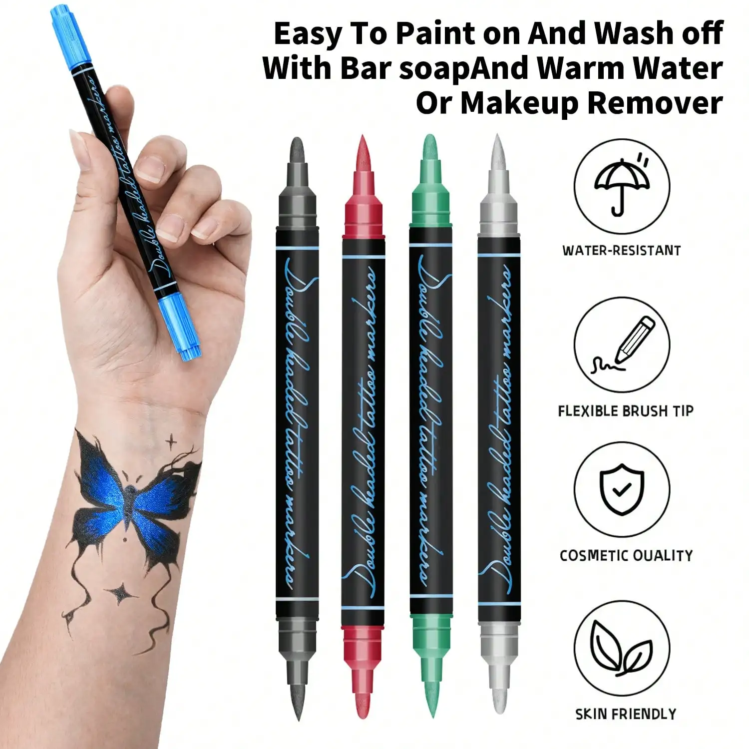 Pluma de tatuaje de 10 colores, marcador de tatuaje temporal de doble cabezal, marcado corporal Flexible, kit de maquillaje Facial respetuoso con la piel