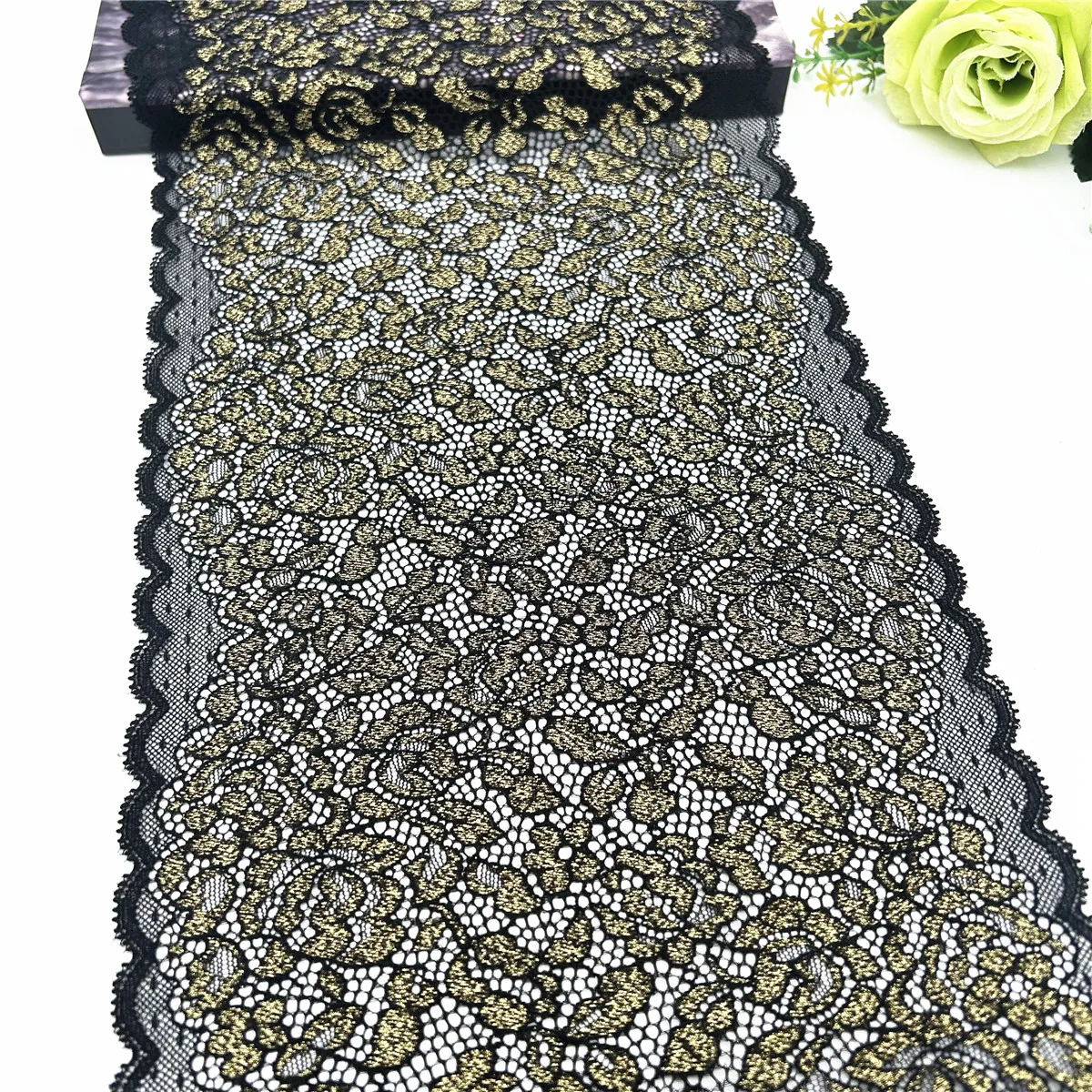 3y/lot Width 22cm Black Golden Shimmer Elastic Lace trim Skirt Hem Underwear Sewing Craft DIY Apparel Fabrics Lace Lingerie