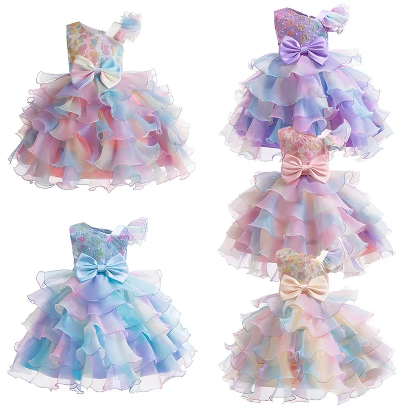 

Girls Fancy Rainbow Bowknot Princess Dress Children Fairy Bow Ball Gown Birthday Carnival Party Costumes Fantasy Outfits