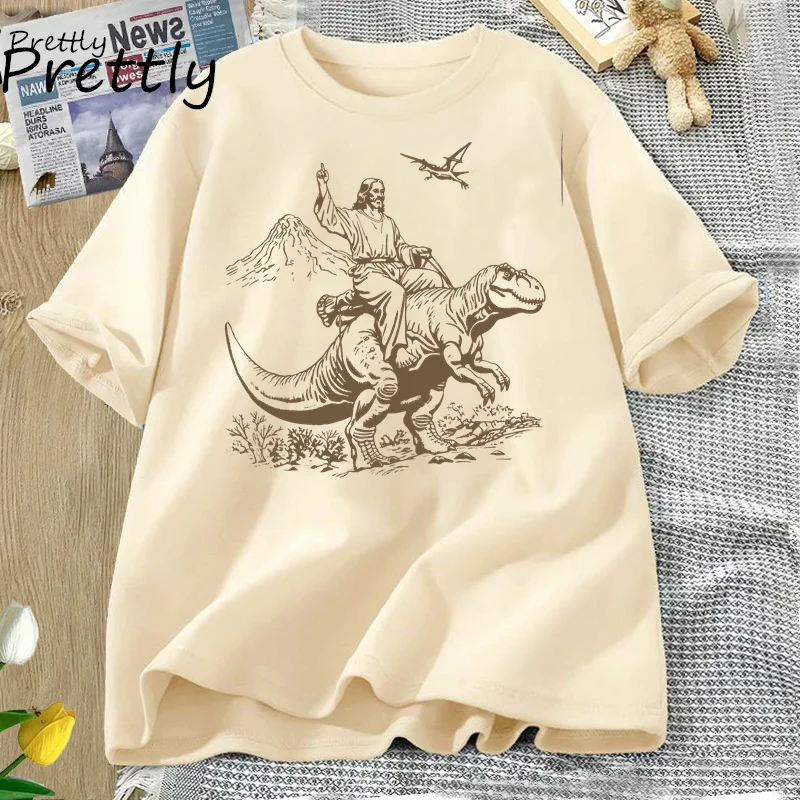 Vintage Jesus Riding Dinosaur Tshirt Cotton Short Sleeve Retro Jesus T-Shirts He Is Rizzen Funny Graphic Tees Christian T Shirt