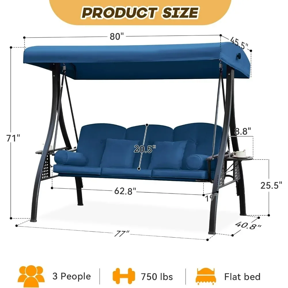 Patio Swing Chair With Thickened Cushions Garden 3 Seat Outdoor Swing for Adults Pillows&Cup Holders 3 in 1 Outdoor Porch Swing