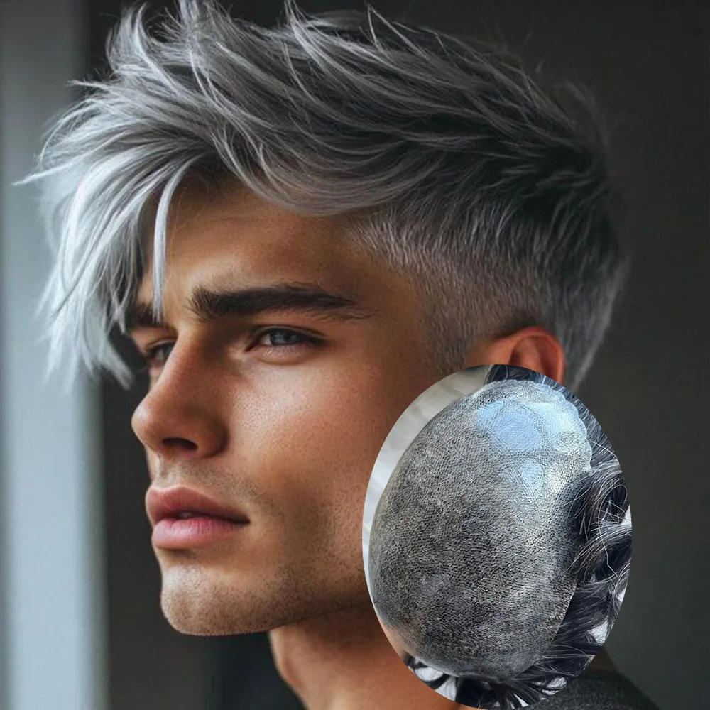 Natural Hairline Black Grey 1B40 1B65 Men Toupee Real Inidan Human Hair Microskin Durable #2 Dark Brown Hair System Undetectable