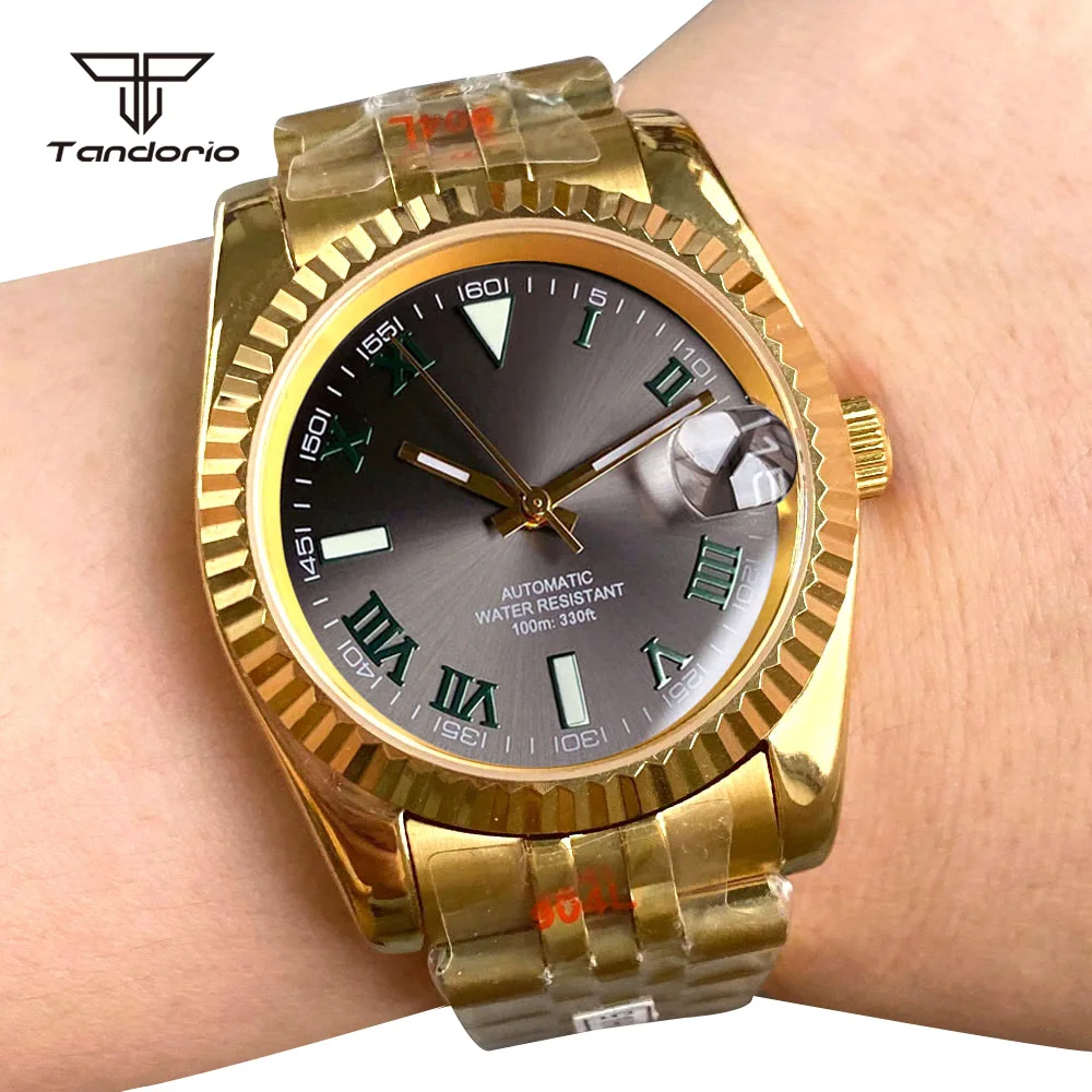 Tandorio NH35 Automatic 39mm/36mm Sapphire Golden Watch Two Tone Sunburst Date Roman Marks Luxury Vintage Wristwatch for Men
