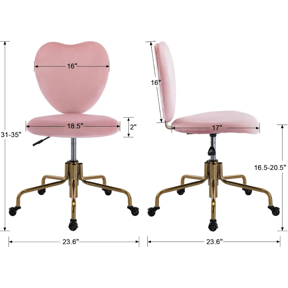 كرسي مكتب مخملي لطيف على شكل قلب وردي مع عجلات قابل للتعديل بارتفاع دوار كرسي زينة بدون ذراع منجد #2
