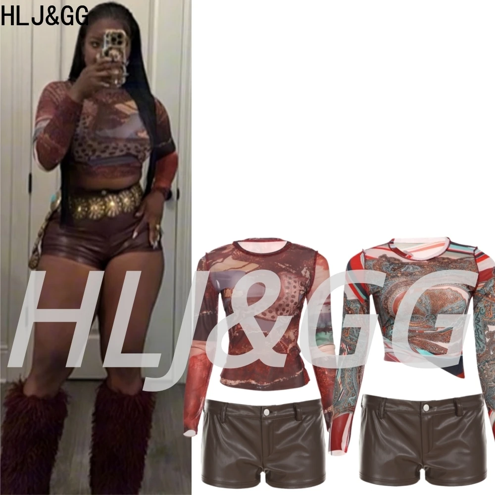 

HLJ&GG Fashion Y2K Mesh See Though Print Two Piece Sets Women Long Sleeve Slim Crop Top And Leather Shorts Outfits Streetwear