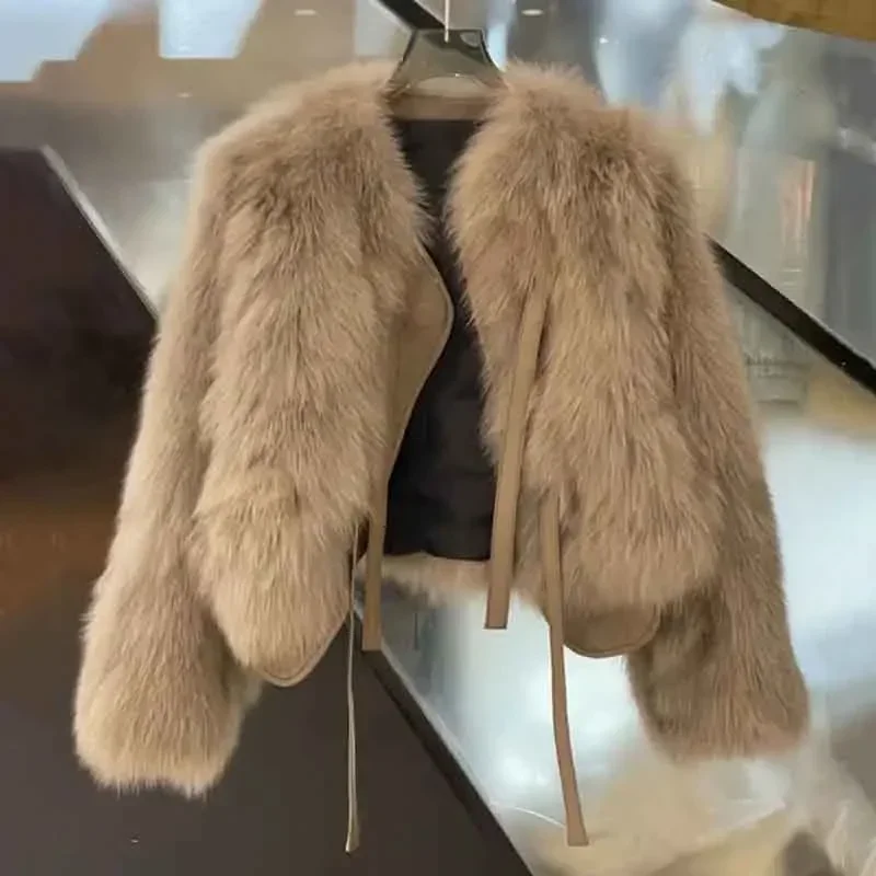 

Autumn Faux Fur Crop Coat Women Y2K Fashion Streetwear O Neck Fluffy Short Fur Jacket Korean Elegant Lace Up Faux Fox Fur Parkas