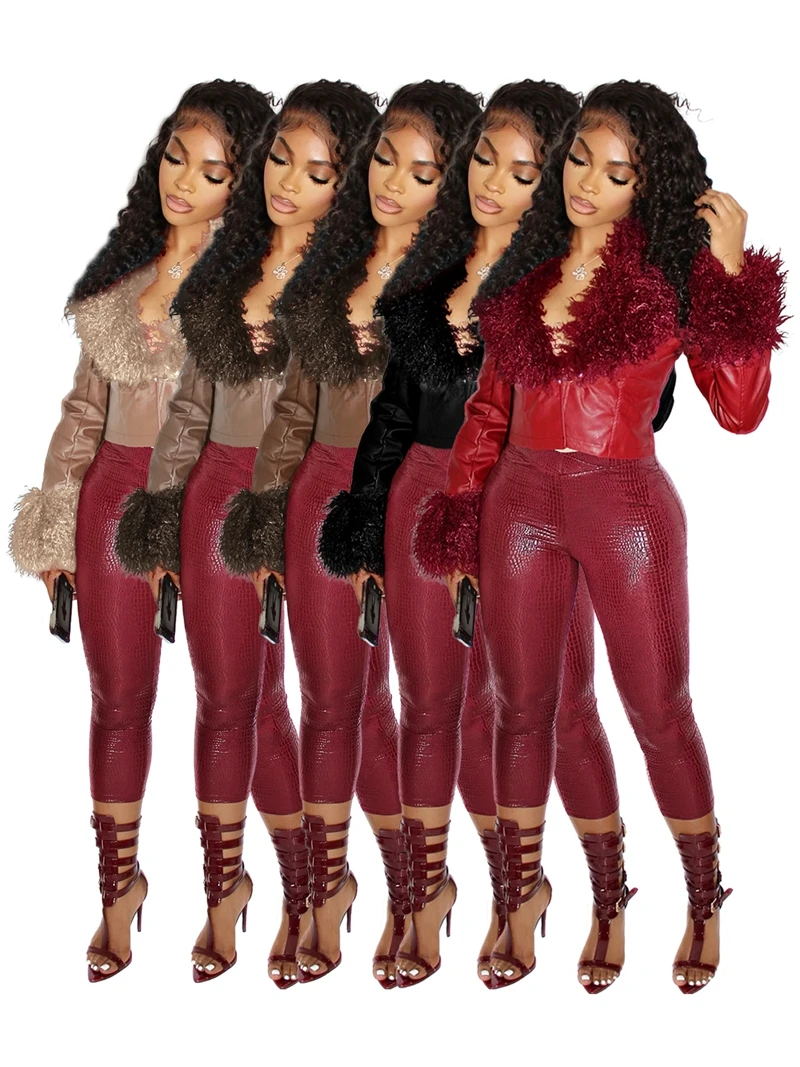 

STYLISH LADY Motocycle Style PU Leather Fur Jackets 2025 Autumn Long Sleeve V Neck Sexy Club Party Street Cropped Outwears