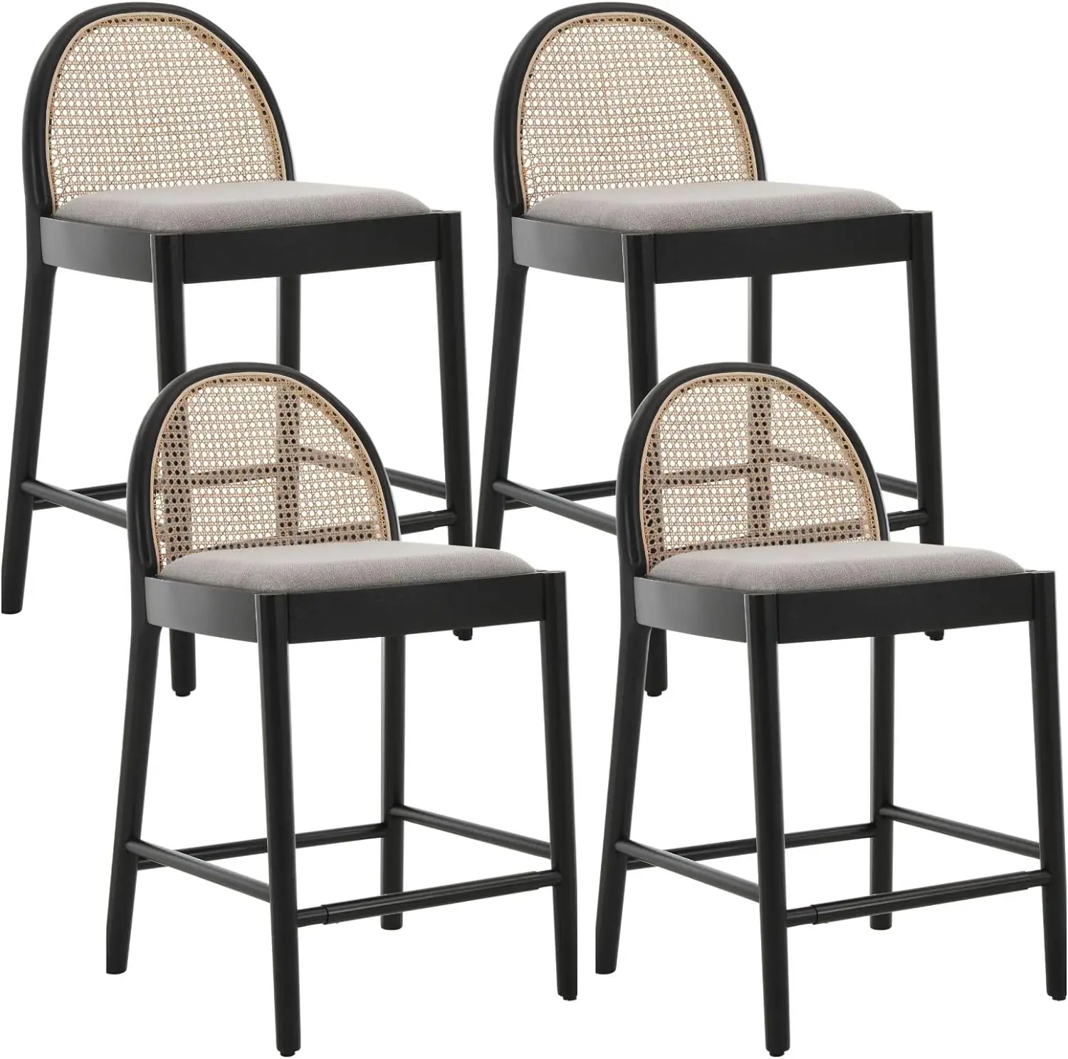 Modern Grey Rattan Counter Stools Set of 4 26 Inch Height - Wooden Linen Upholstered Bar Stools Barstool with Oval Rattan