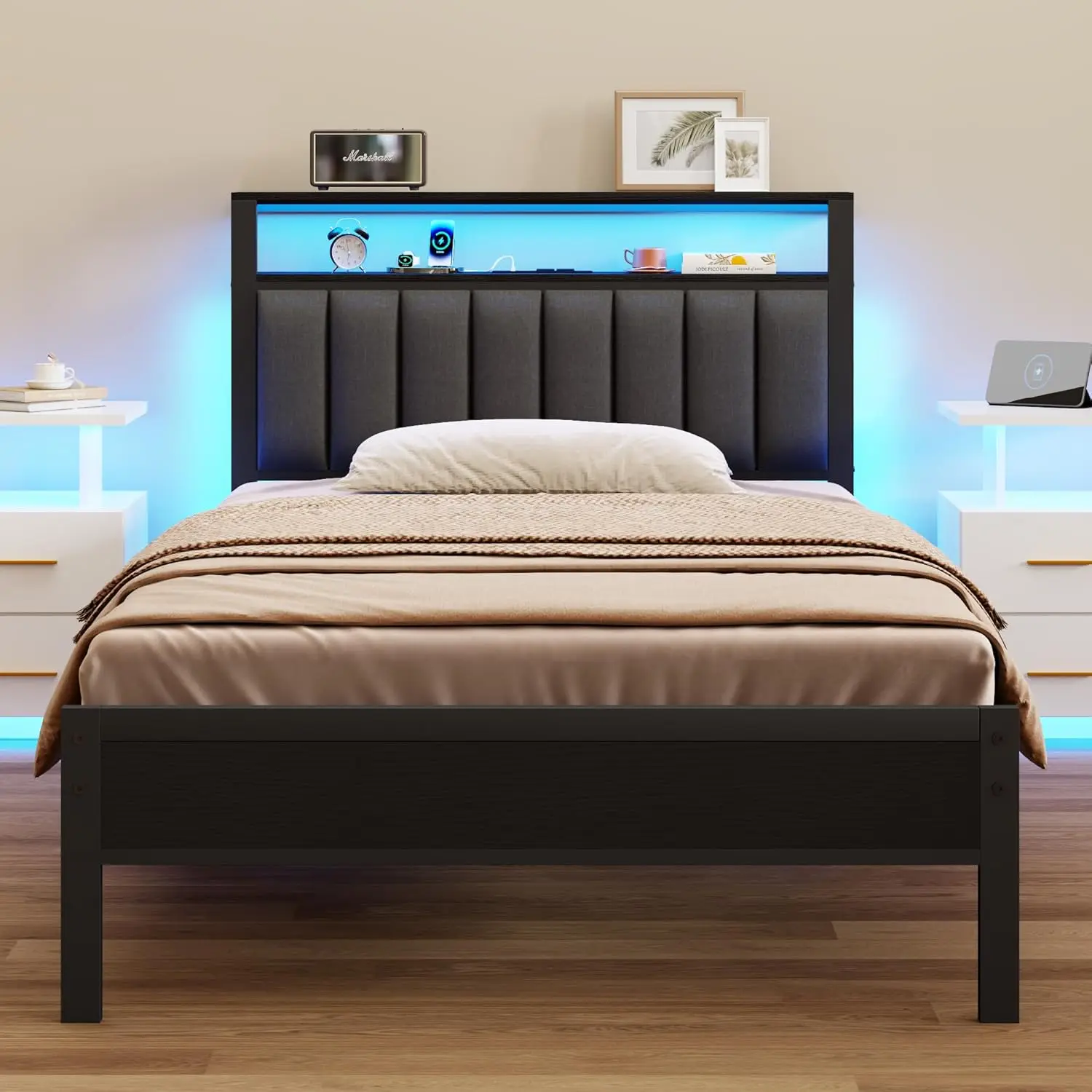 Twin Size Bed Frame with Charging Station and LED Lights, Platform Bed with Metal Slats, Grey Upholstered Headboard