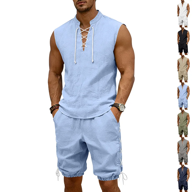 

2026 New Arrival Men's Lace Up Sleeveless Shirt Drawstring Shorts Set Casual Loose 2-Piece Outfit Breathable Summer Beach