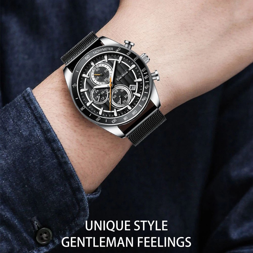 Ever Move Original Luxury Brand Watch for Men Business Sport Quartz Calendar Waterproof Stainless Steel Gifts Male Wristwatches