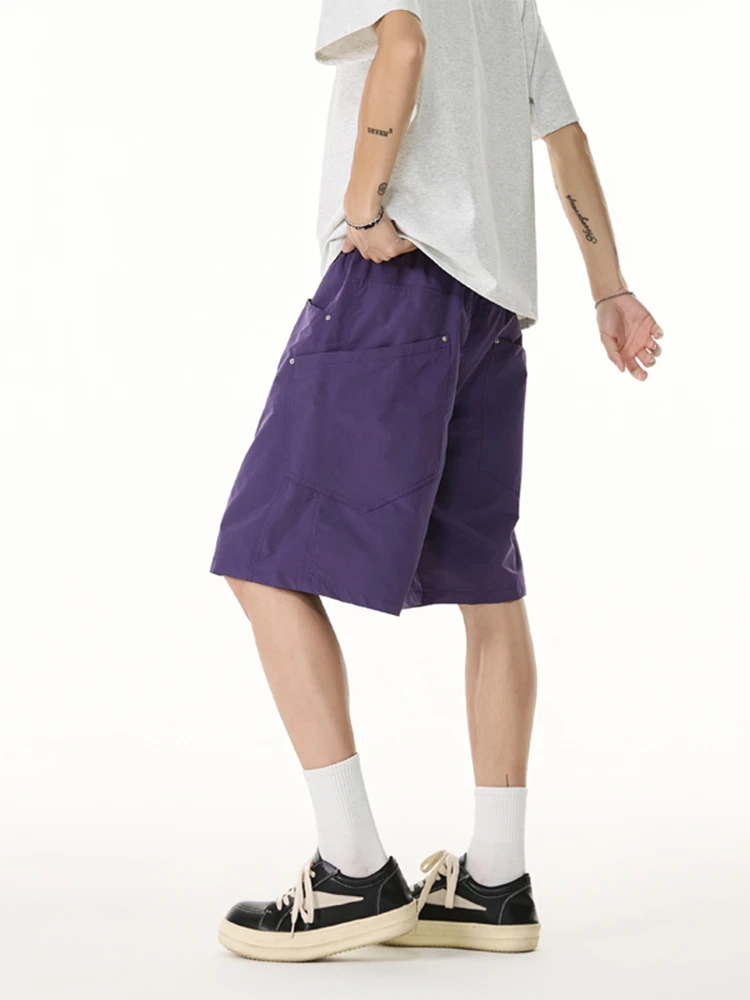 

Быстросохнущие легкие мужские шорты, летние свободные брюки прямого кроя, удобные брюки-карго с широкой талией, фиолетовый цвет, уличный стиль