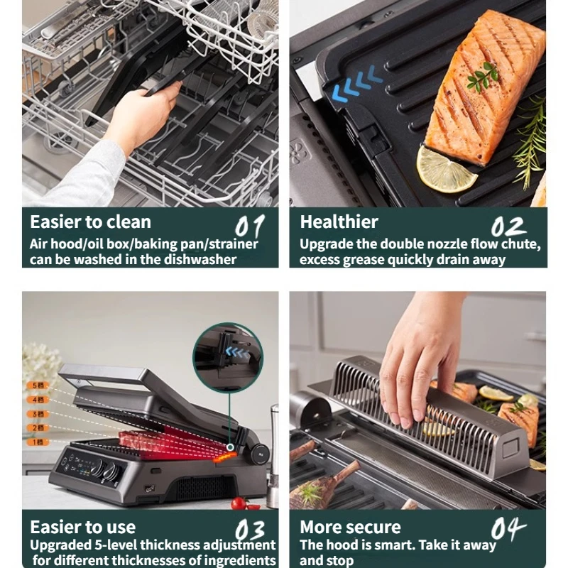 Fritadeira Elétrica Automática Inteligente, Grelha de bife sem fumaça, Placa de churrasco multifuncional