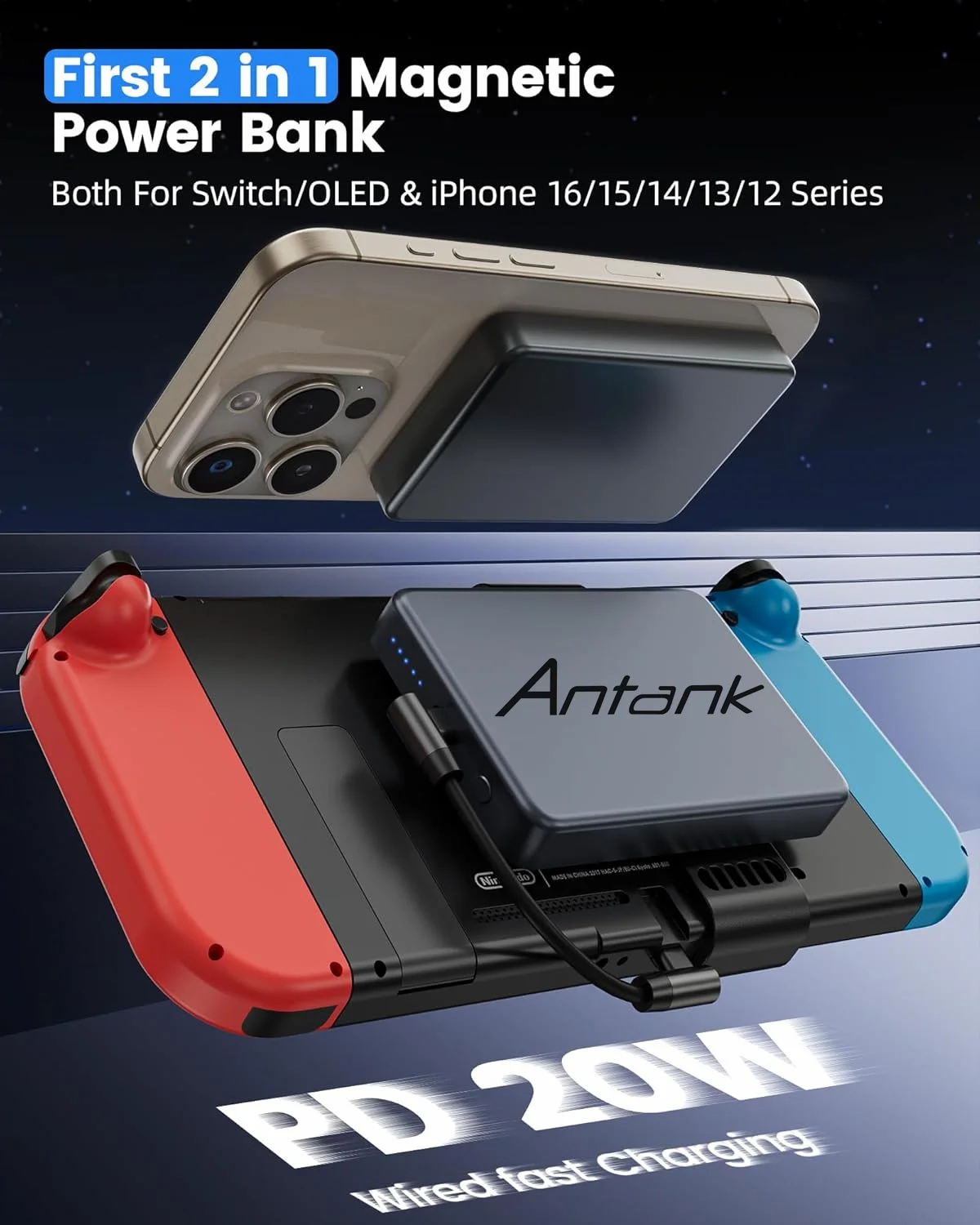 ANTANK Magnetic Battery Pack For Nintendo Switch/OLED/iPhone, 10000mAh 20W Fast Charging Portable Detachable External Power Bank