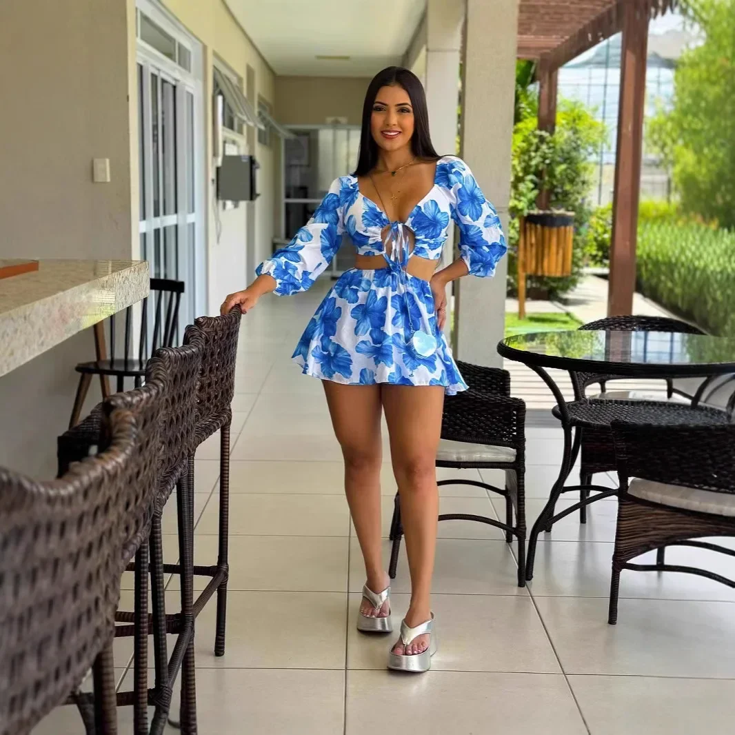 

Dress Women Mini Dresses Print Sexy A Line Vestidos Streetwear V Neck Club Wedding Elegant Y2k Drawstring Party Night Beach