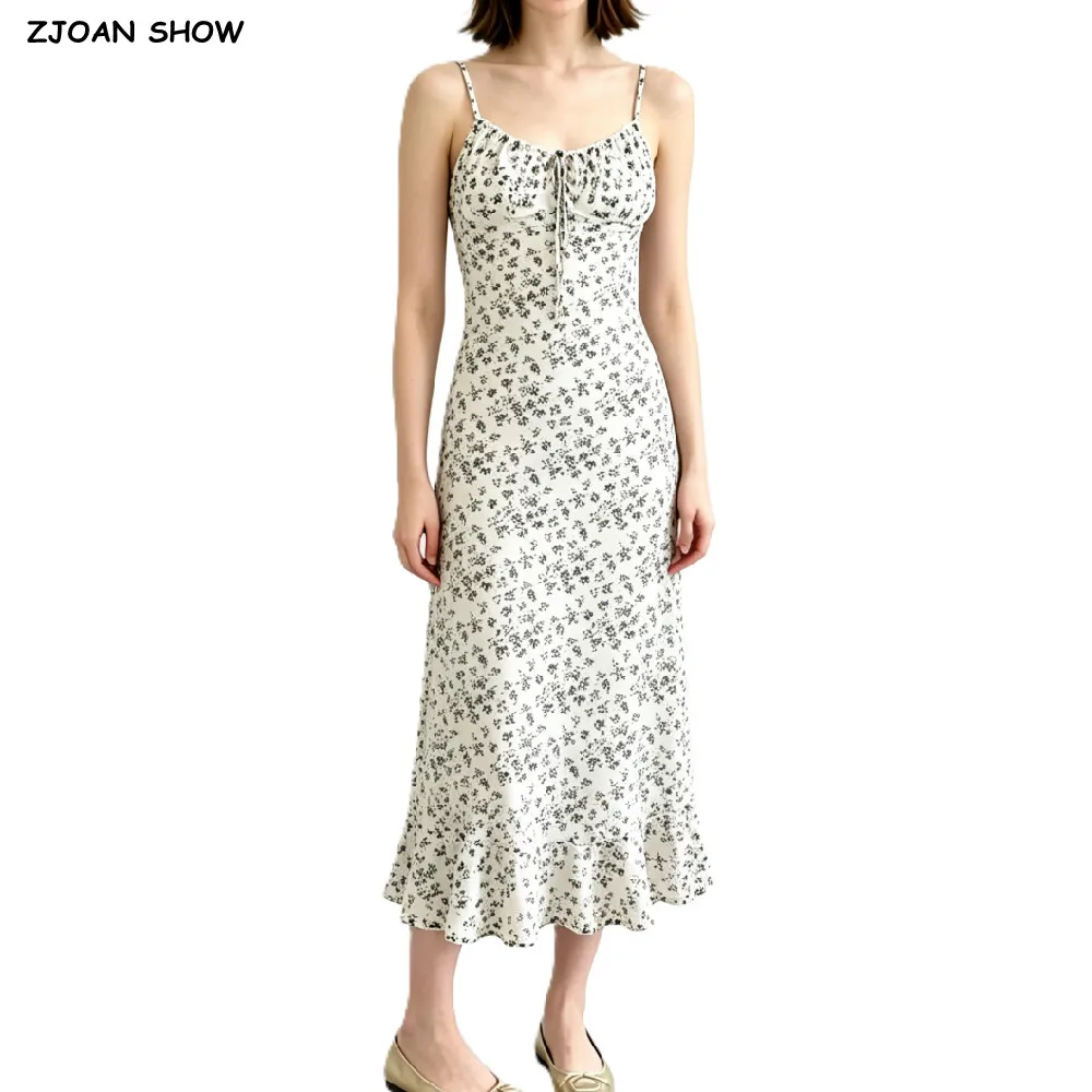 2026 Retro French style Women Floral Print Drawstring Tie Bow V Neck Sling Dress Slim Waist Midi Chiffon Dresses Summer Robe