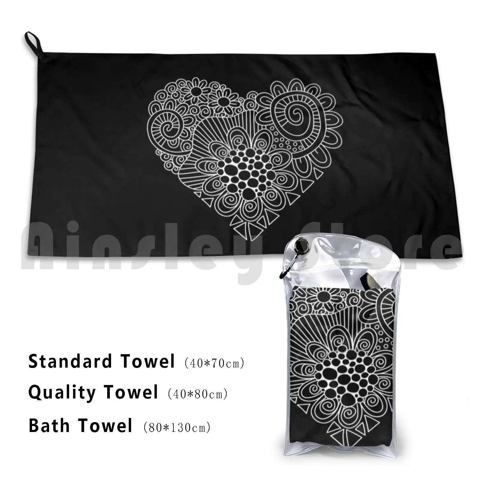 White Heart Doodle Beach Towel Quick Dry Quality Towel Love Heart Valentine Romance Celebrate Lover Birthday Beads Hand