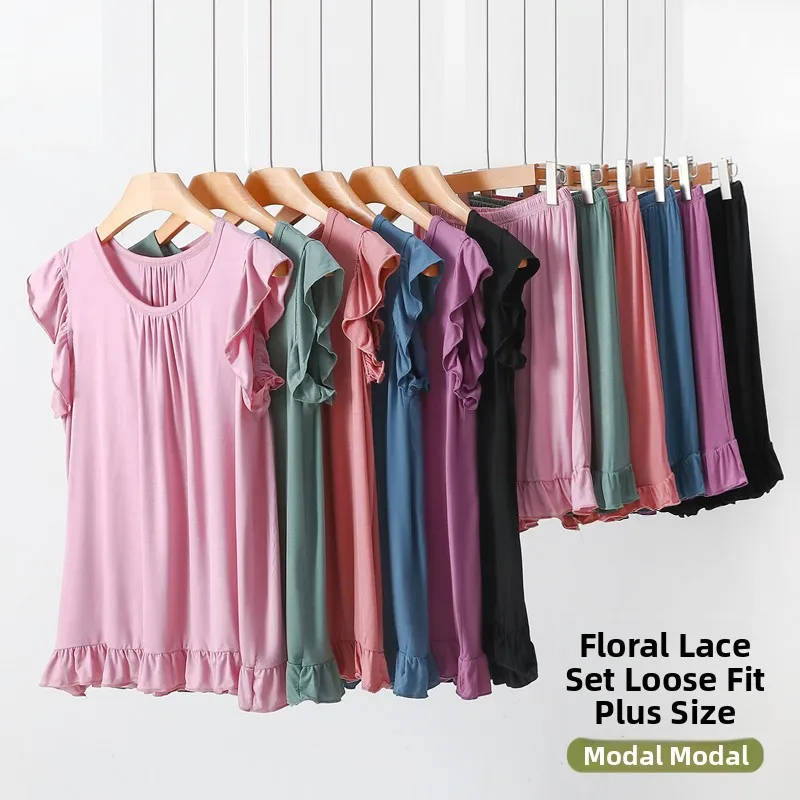 

Modale Two-Piece Set Tank Top Shorts Home Clothes Women Summer Large Size Loose Lace Sleepwear Thin Can Be Worn outside
