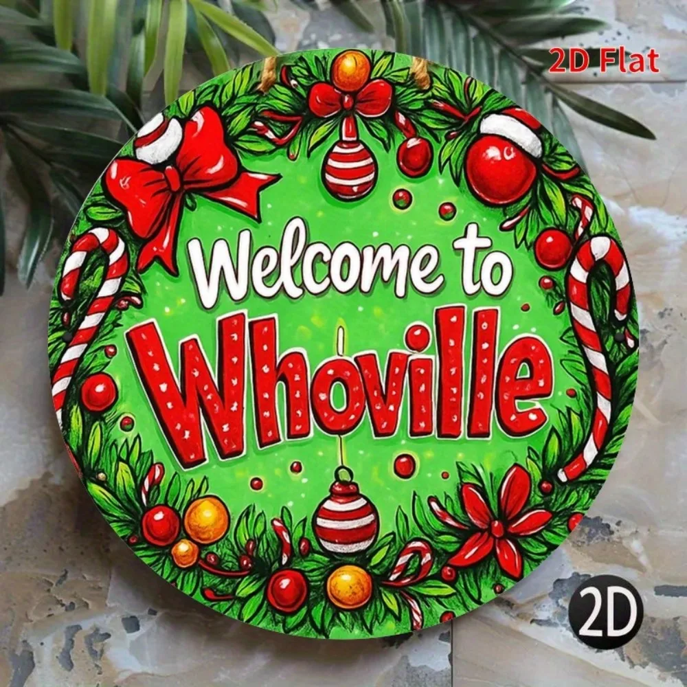 قطعة واحدة - مرحبًا بكم في لافتة حديدية مستديرة ذات طابع Whoville مقاس 7، 8 بوصات - ديكور عيد الميلاد الاحتفالي مع بيت خبز الزنجبيل وصب الحلوى والحلي