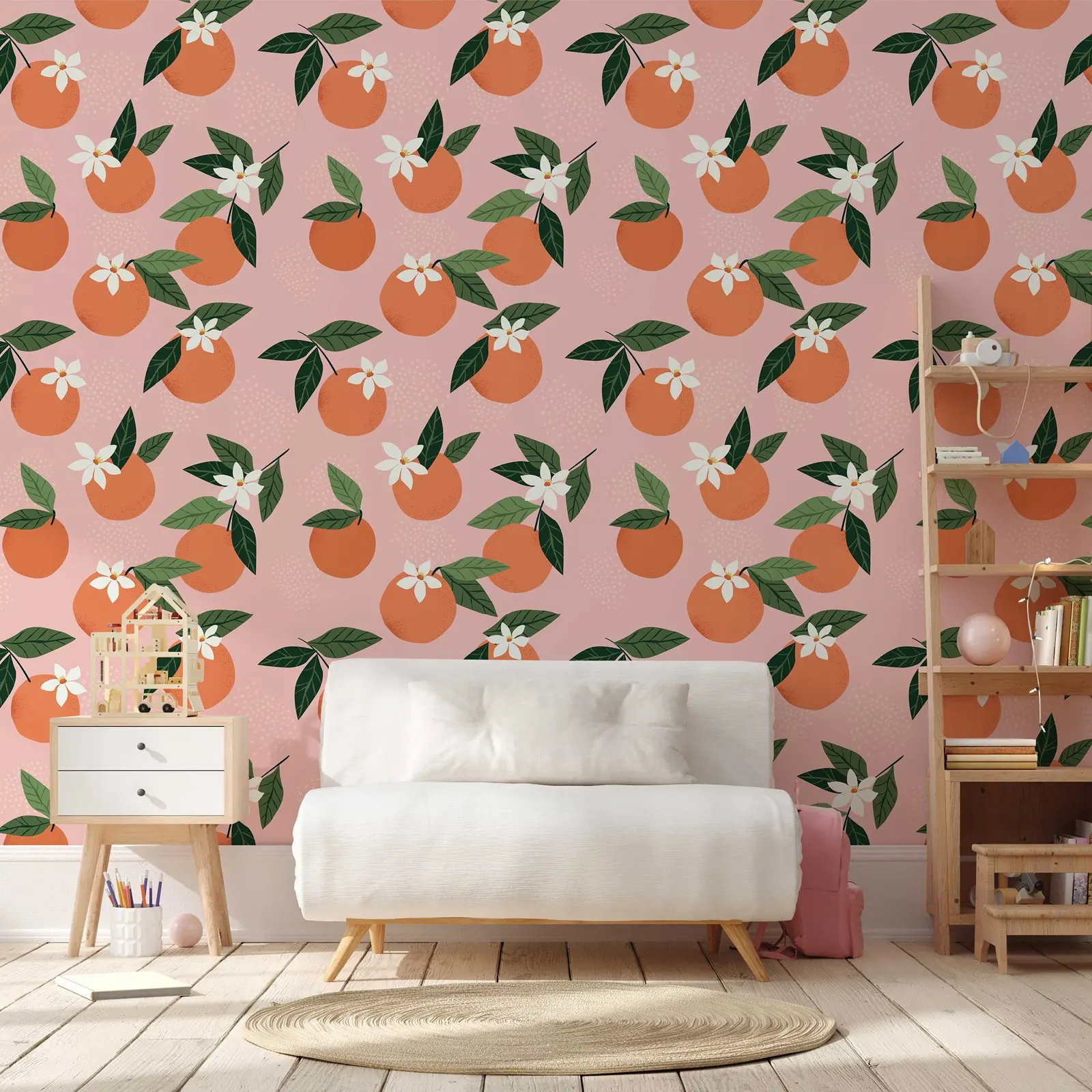 Oranje Roze Behang-Muurschildering Van Fruit, Schil En Stok, Oranje Kleur Abstracte Stijl Muurschildering-Zelfklevend Muurpapier