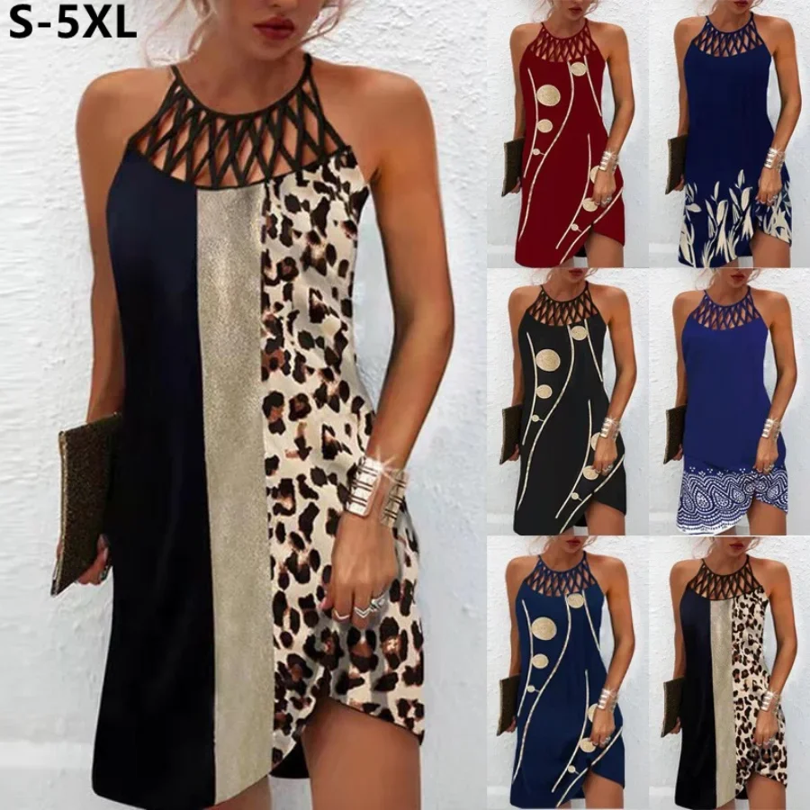 

2024 Women's Summer Casual Dress Oversized Hollow Sleeveless Print Beach Mini Dresses Female Vintage Party Dress Vestidos S-5XL