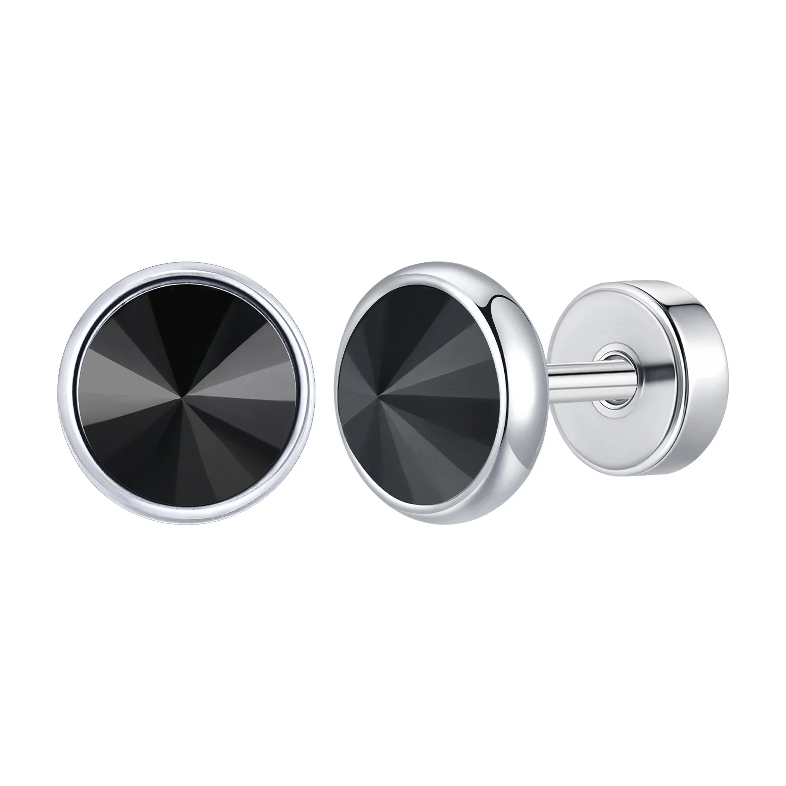 Men's Black Stainless Steel Stud Earrings, 8MM