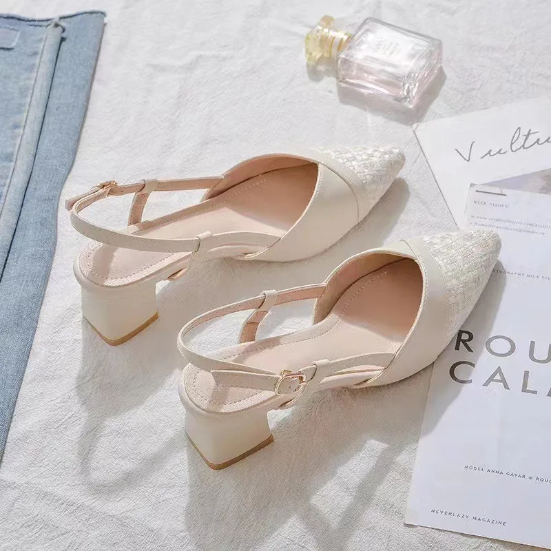 Summer Ladies Bridal Pointed Toe High Heels Outdoor Fashion Rear Empty Sanda 4.5CM Square Heel Middle Heel Comfort Single Shoe