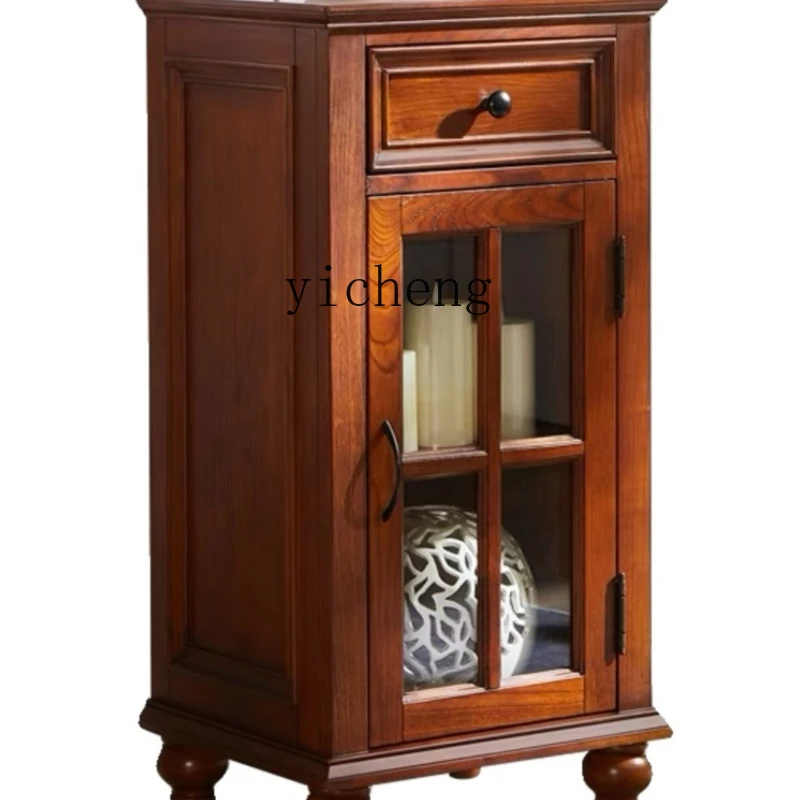 

ZF Small Wine Cabinet Pure Solid Wood Glass Side Table Retro Living Room TV Side Cabinet Display Cabinet Home