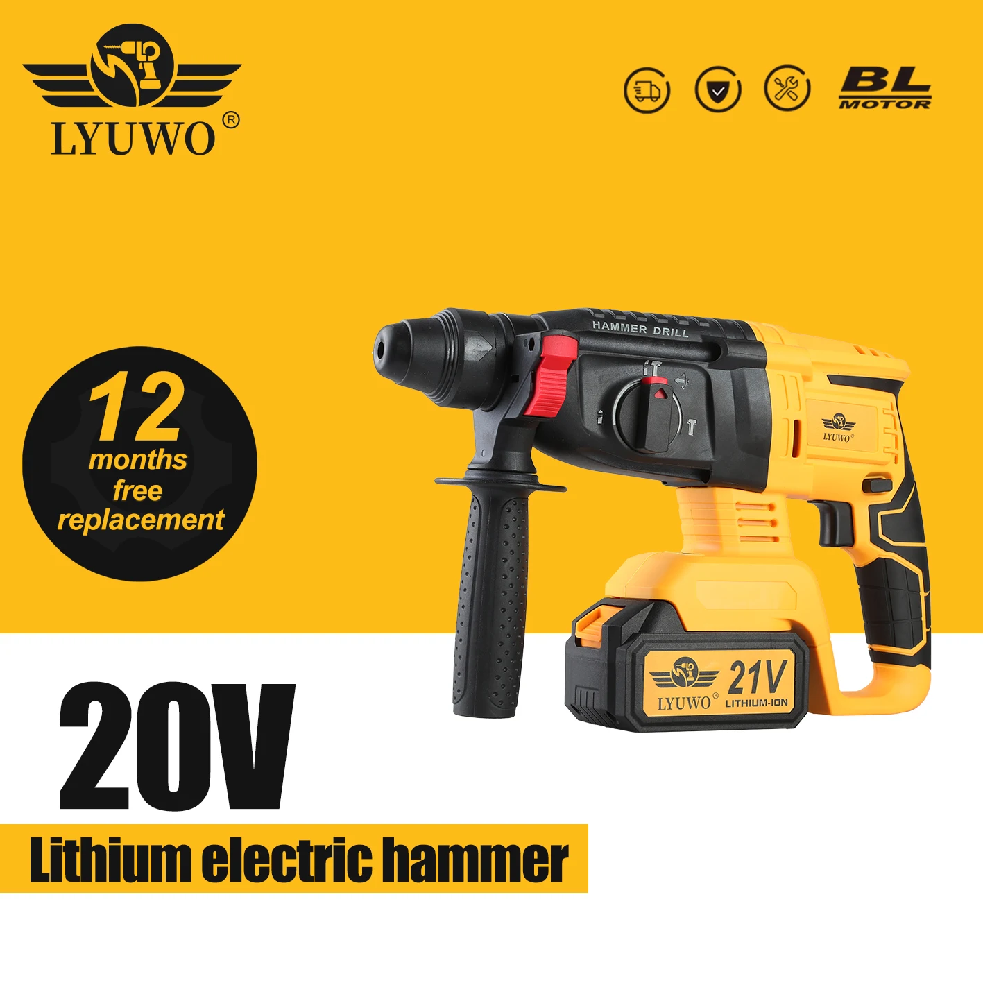 

LYUWO High Power Brushless Rotary Hammer Professional Cordless Hammer Multifunctional Impact Hammer Drill Electric Tool